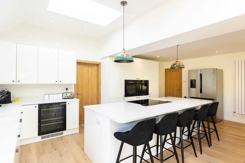 modern kitchen extension in twyford with raised ceilings and skylight