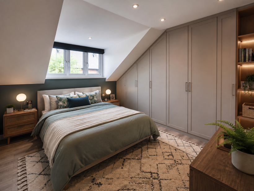 modern loft conversion bedroom with built in wardrobes