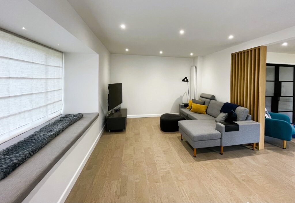 interior of an open plan living area extension in Twyford with ceiling spotlights